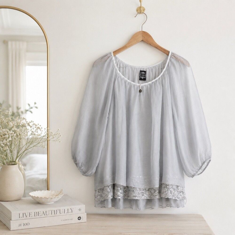 Le Marais Paris Silk Organza Blouse Sz L Gray Lace Sequin Trim Made In Italy